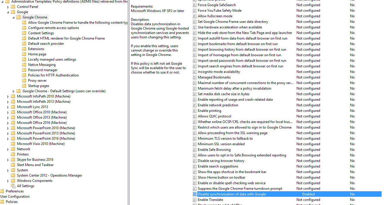 Disable Google Chrome Sync via GPO